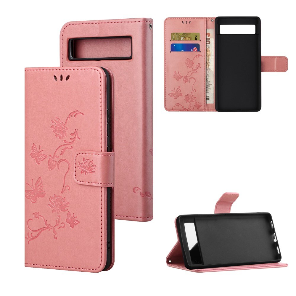 Étui en cuir à papillons pour Google Pixel 7a, Rose