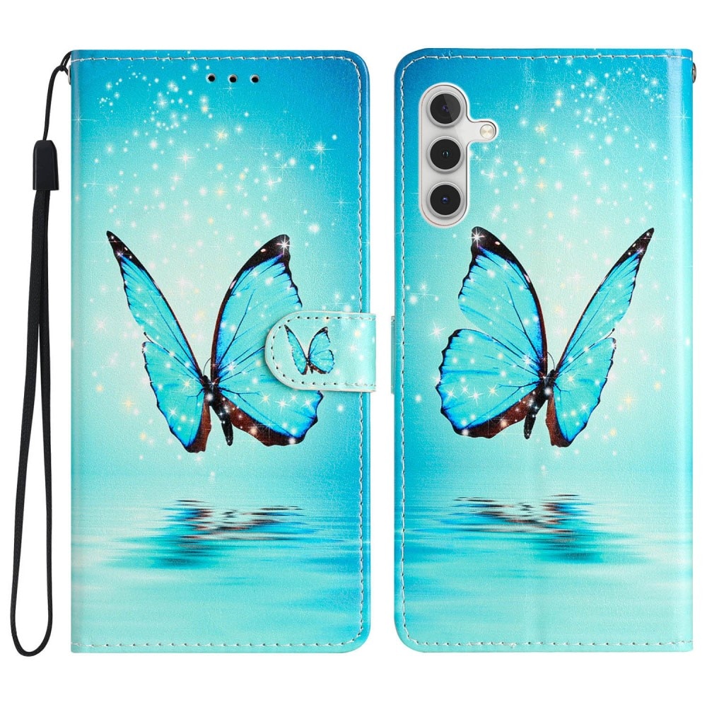 Coque portefeuille Samsung Galaxy A54, papillons bleus