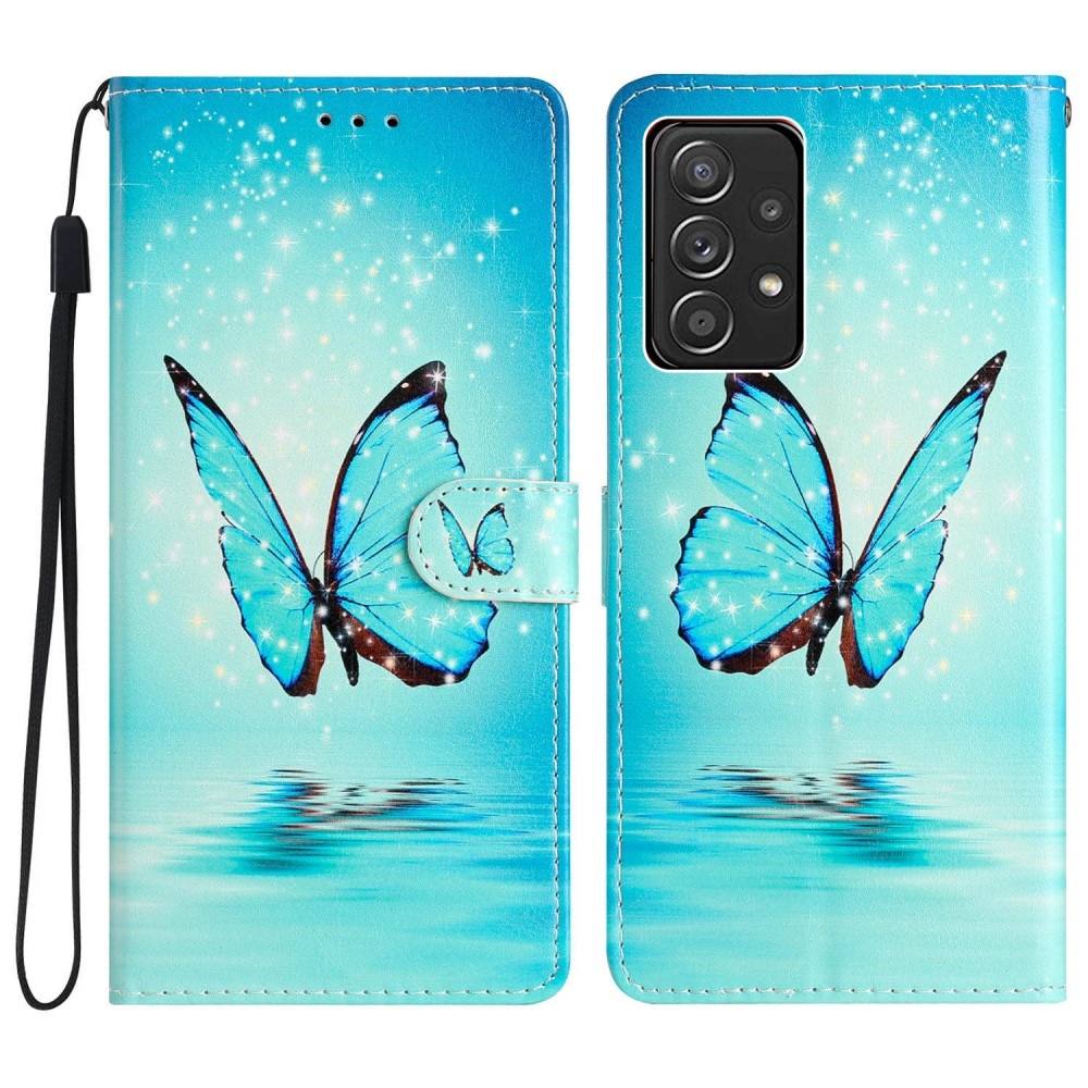 Coque portefeuille Samsung Galaxy A53, papillons bleus