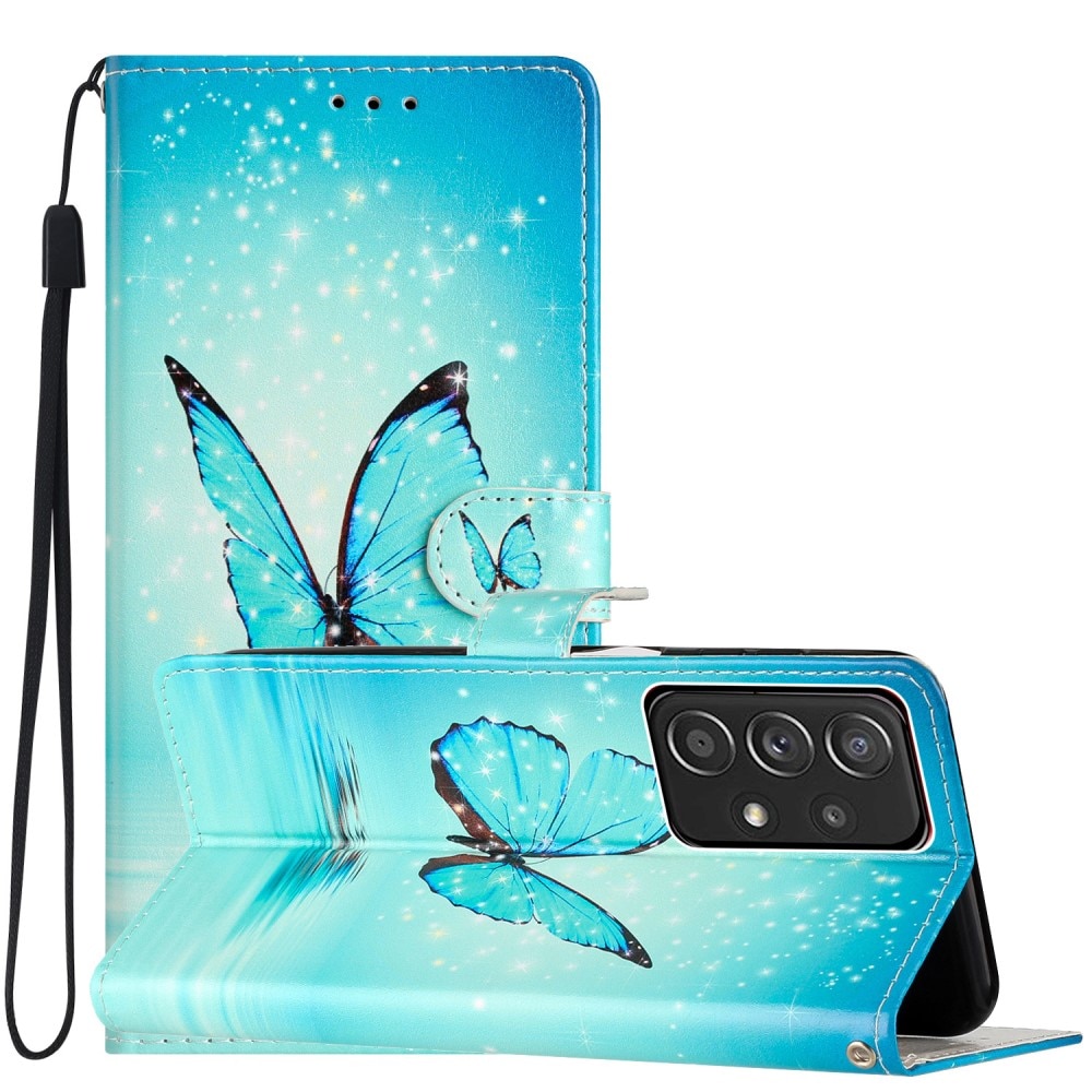 Coque portefeuille Samsung Galaxy A53, papillons bleus