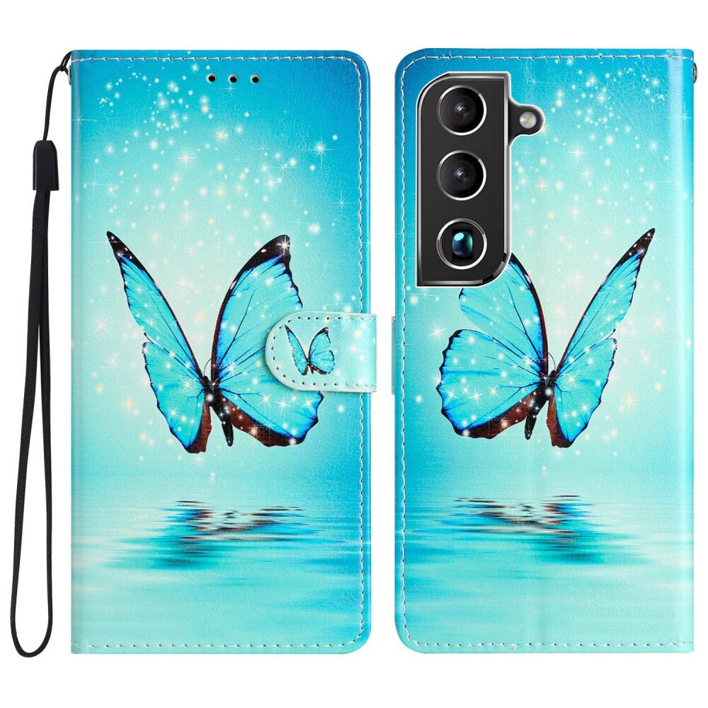 Coque portefeuille Samsung Galaxy S22, papillons bleus