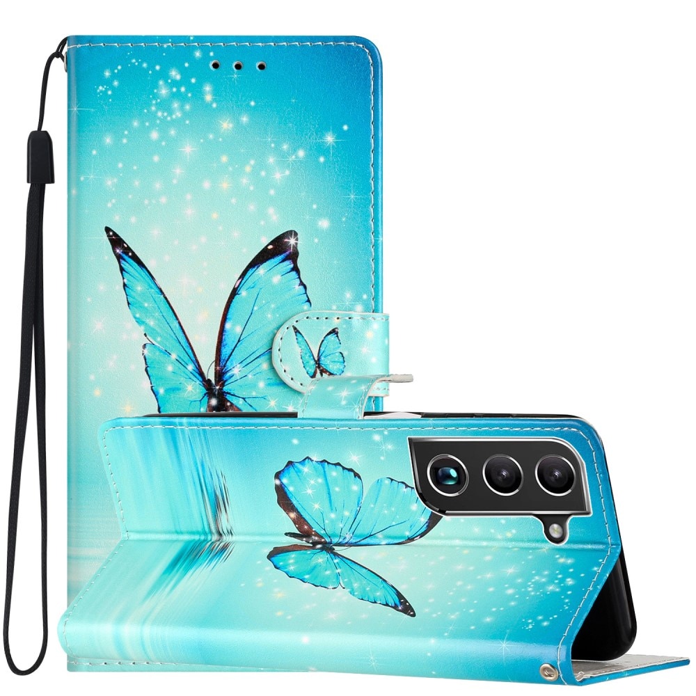 Coque portefeuille Samsung Galaxy S22, papillons bleus