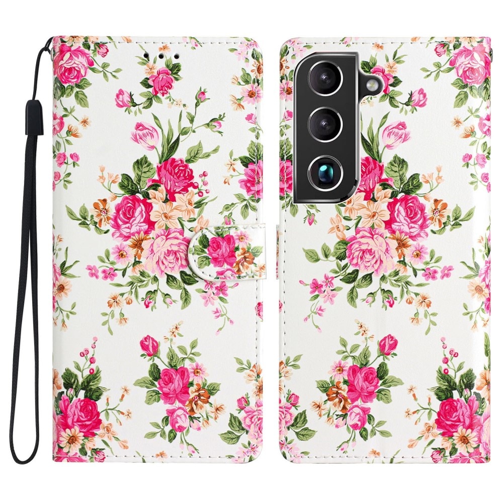 Coque portefeuille Samsung Galaxy S22, fleurs roses