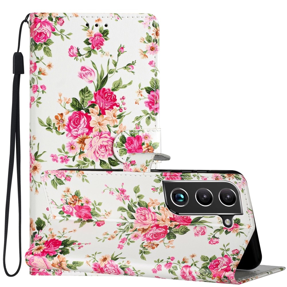 Coque portefeuille Samsung Galaxy S22, fleurs roses