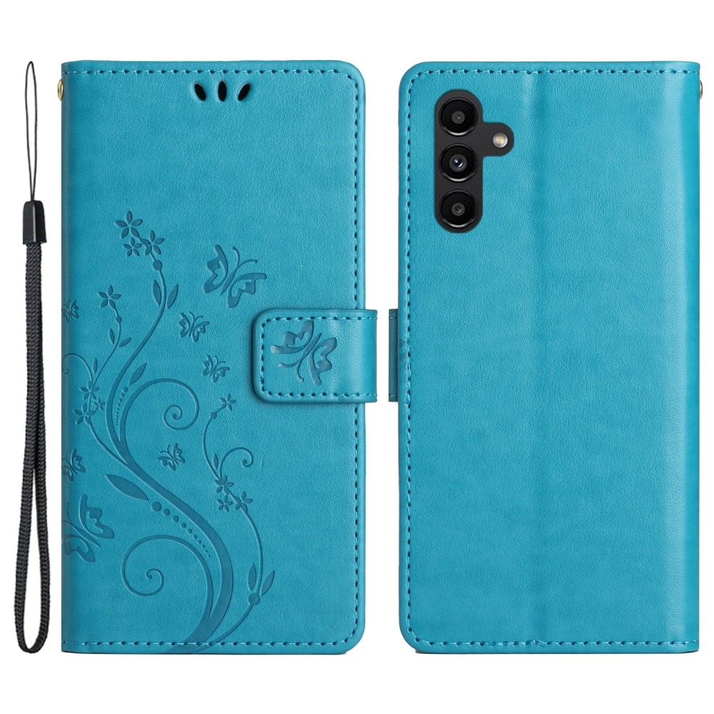 Étui en cuir à papillons pour Samsung Galaxy A54, bleu