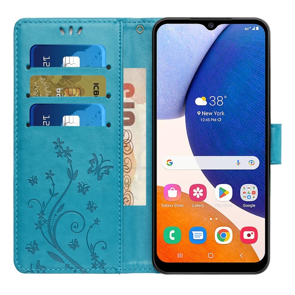 Étui en cuir à papillons pour Samsung Galaxy A54, bleu