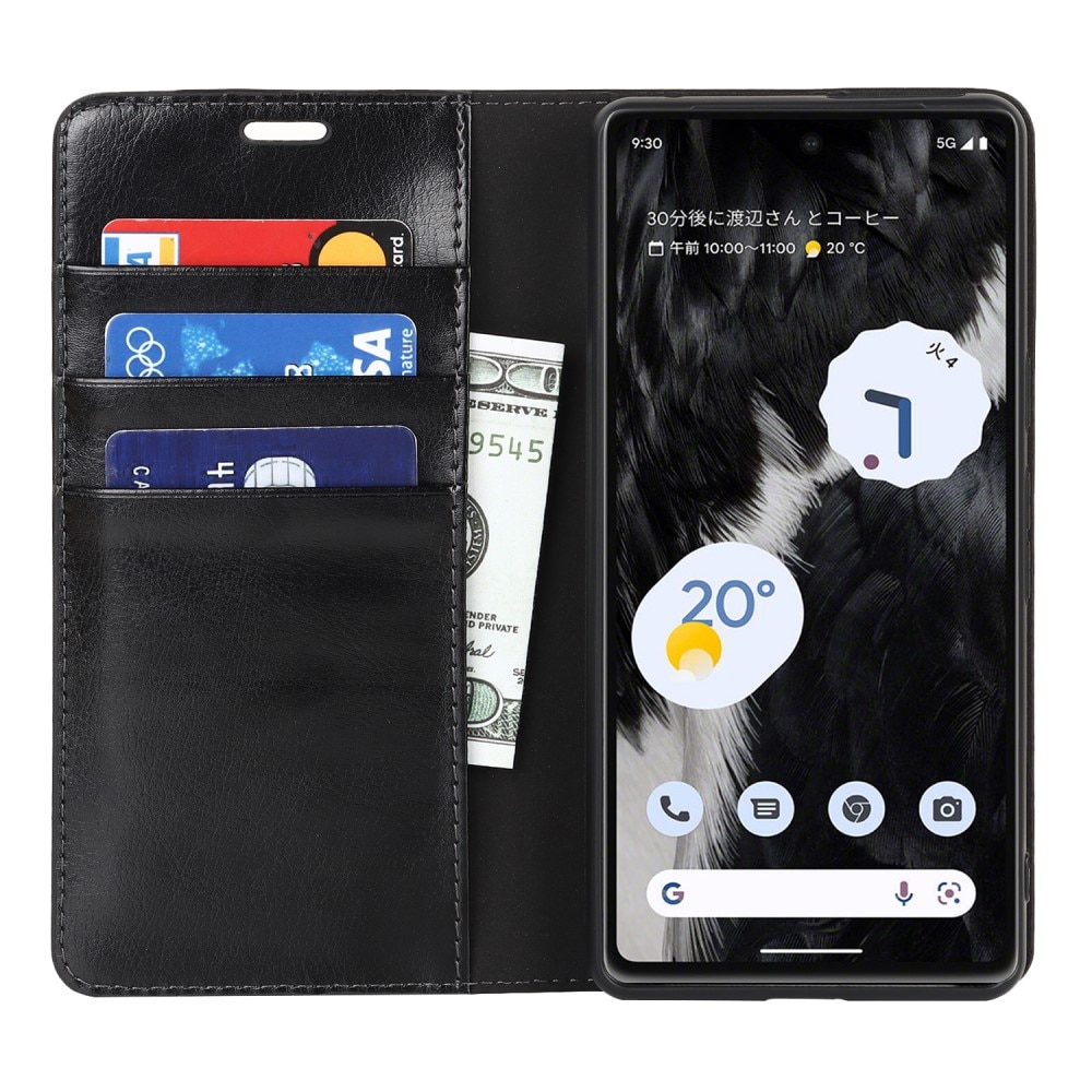 Coque portefeuille en cuir Veritable Google Pixel 7a, noir