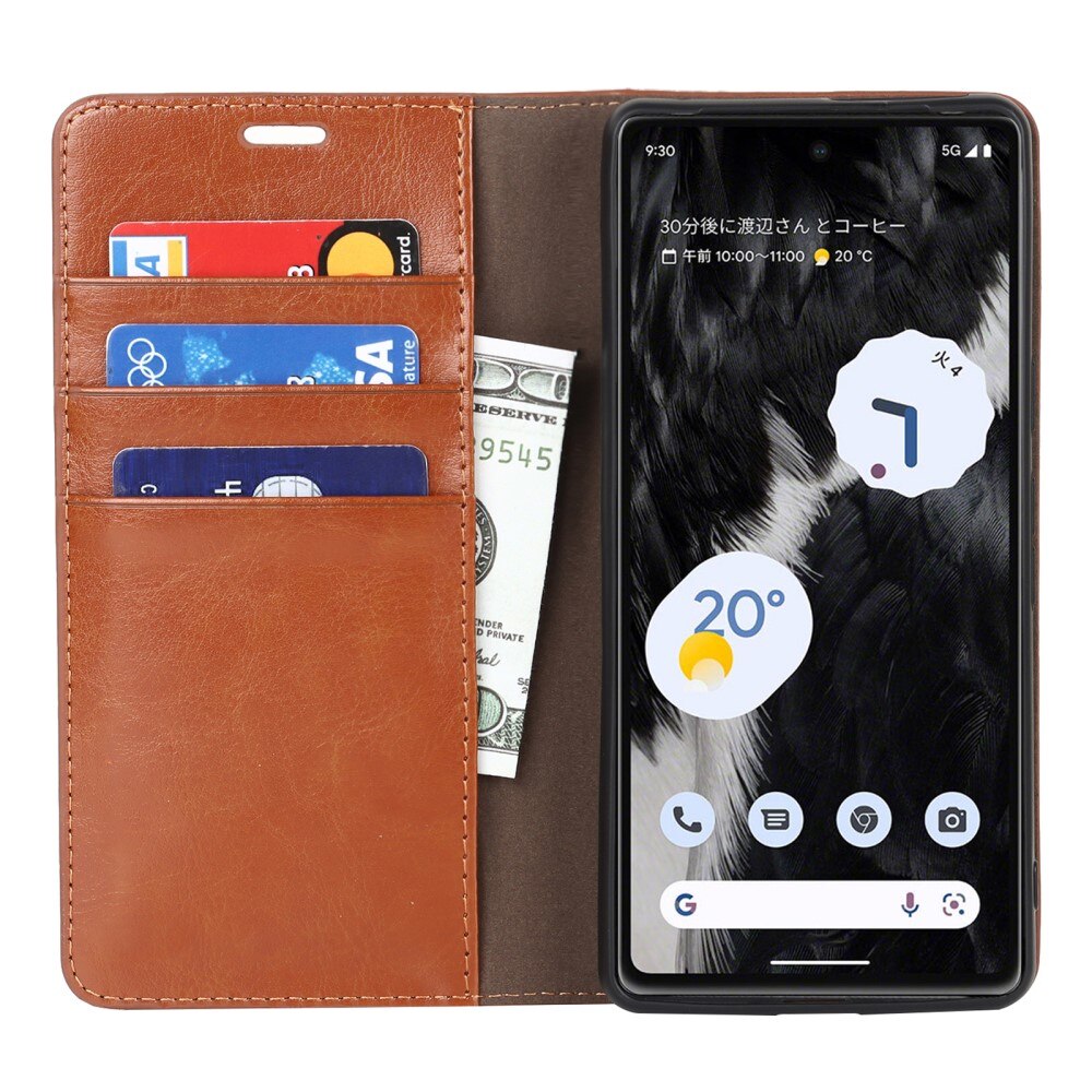 Coque portefeuille en cuir Veritable Google Pixel 7a, Marron