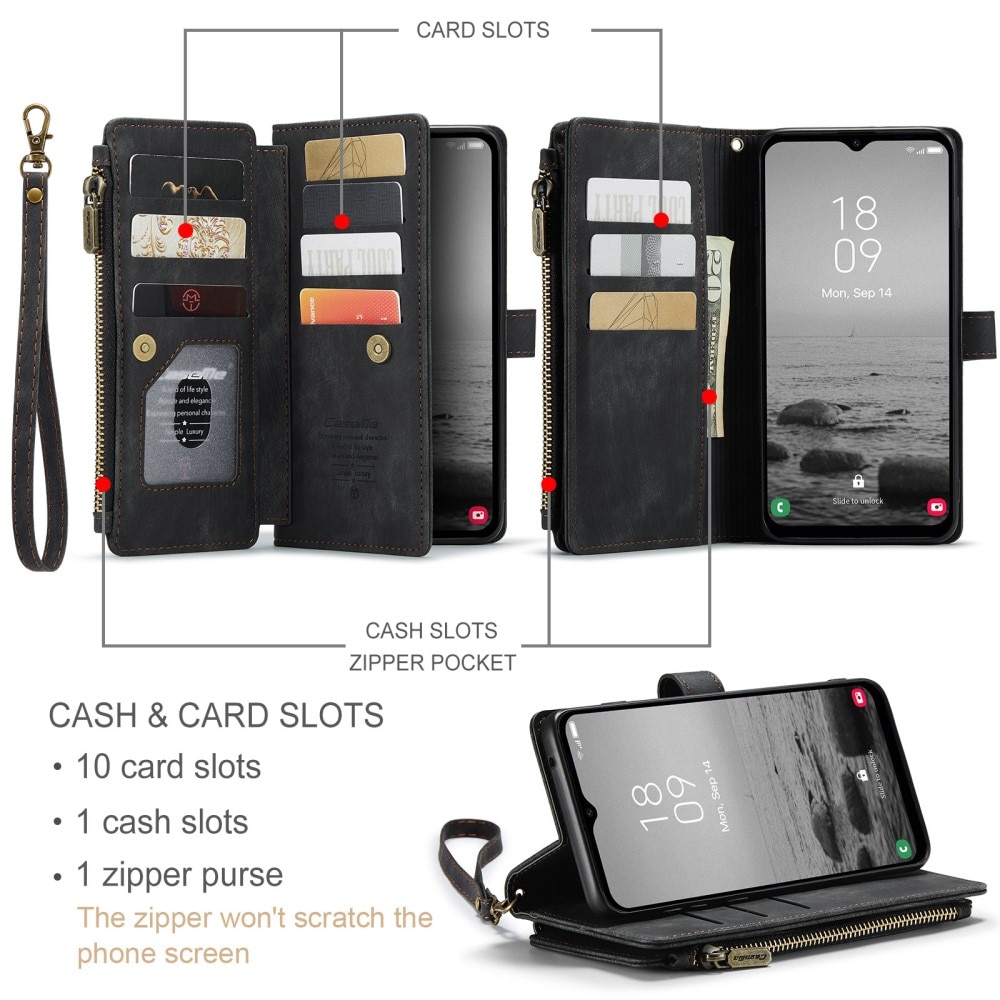 Étui portefeuille à glissière Samsung Galaxy A14, noir