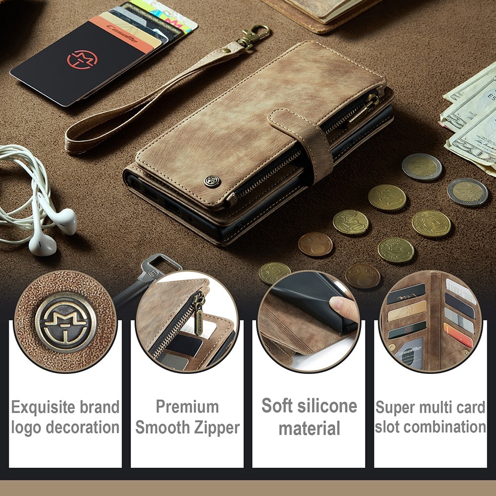 Étui portefeuille à glissière Samsung Galaxy A54, marron