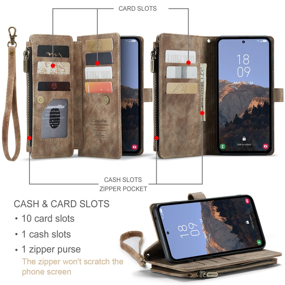 Étui portefeuille à glissière Samsung Galaxy A54, marron