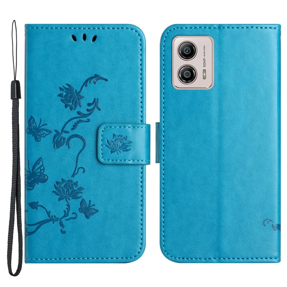 Étui en cuir à papillons pour Motorola Moto G53, Bleu