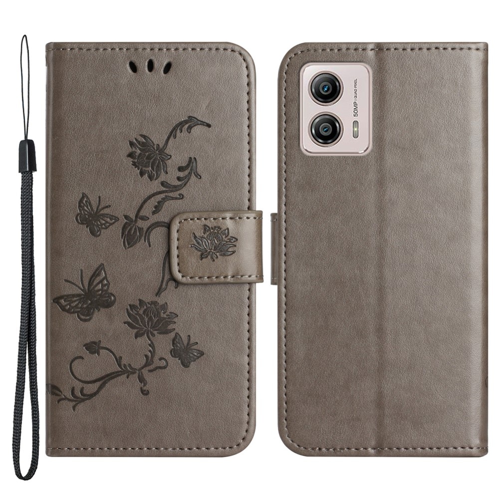 Étui en cuir à papillons pour Motorola Moto G53, Gris