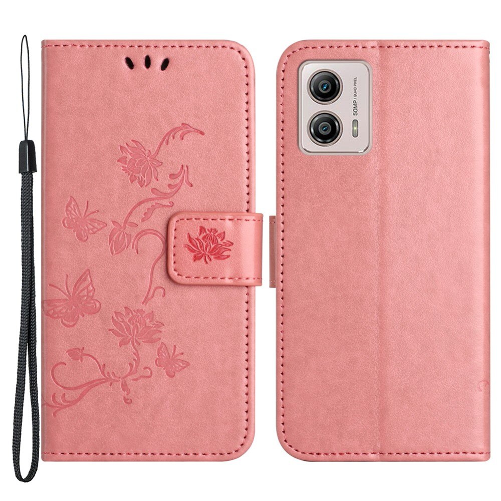 Étui en cuir à papillons pour Motorola Moto G53, Rose