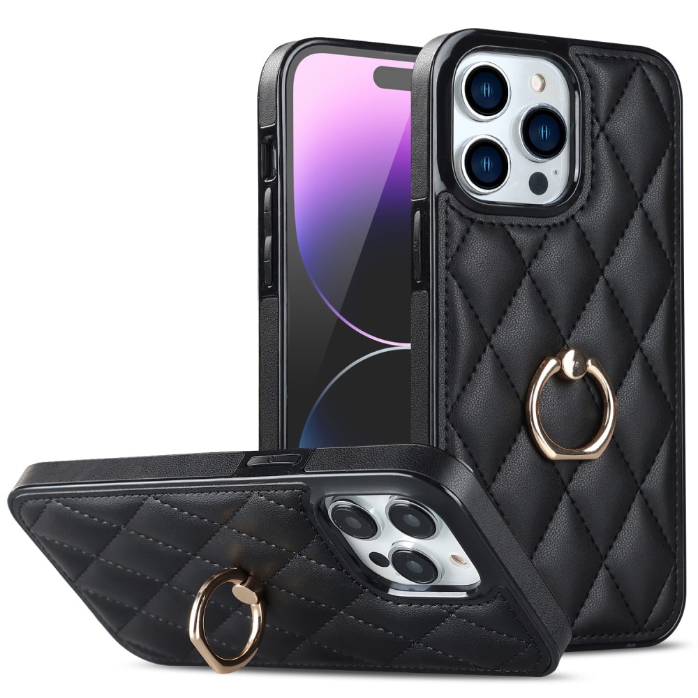 Coque Finger Ring iPhone 14 Pro, Quilted noir