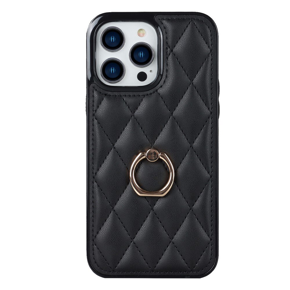 Coque Finger Ring iPhone 14 Pro, Quilted noir