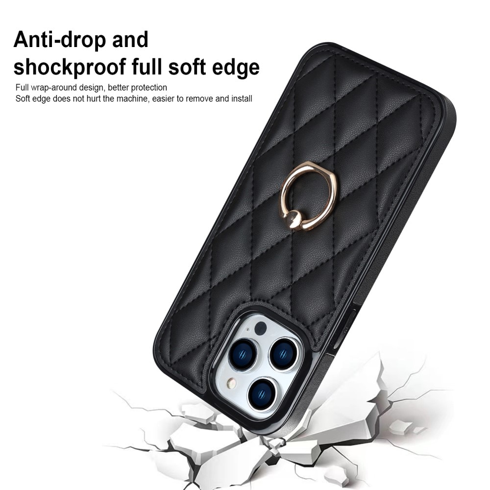 Coque Finger Ring iPhone 14 Pro, Quilted noir