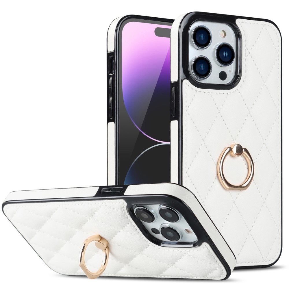Coque Finger Ring iPhone 14 Pro, Quilted blanc