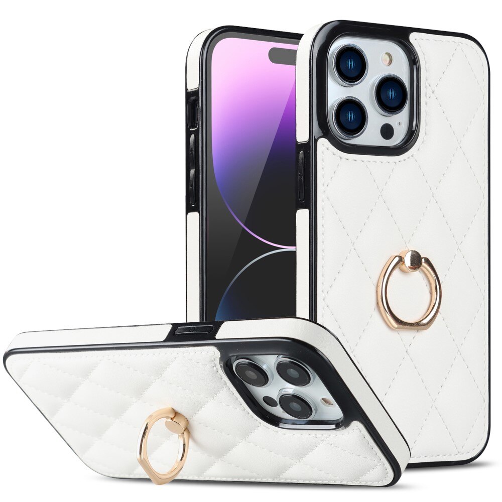 Coque Finger Ring iPhone 14 Pro, Quilted blanc