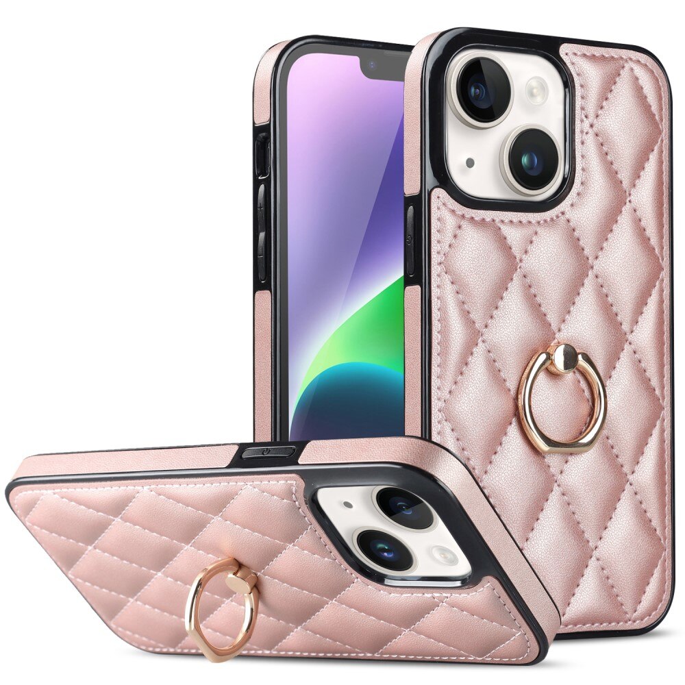 Coque Finger Ring iPhone 14, Quilted or rose