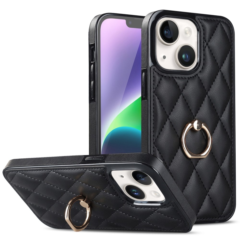 Coque Finger Ring iPhone 14, Quilted noir