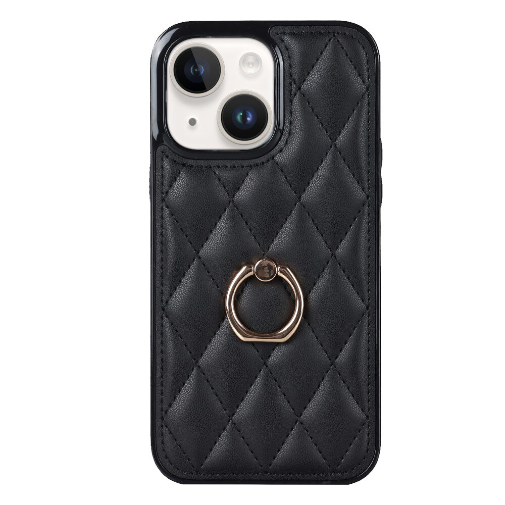 Coque Finger Ring iPhone 14, Quilted noir