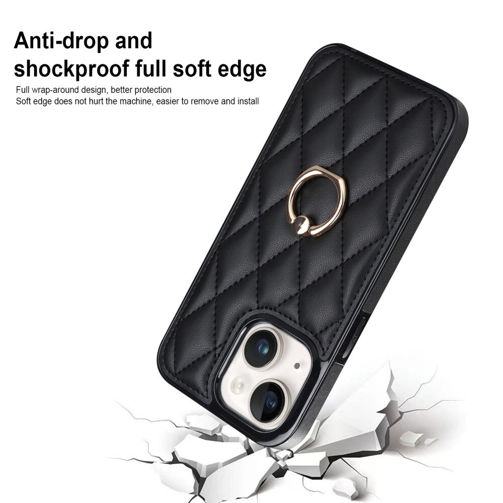 Coque Finger Ring iPhone 14, Quilted noir