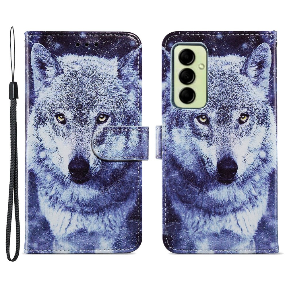 Coque portefeuille Samsung Galaxy A14, loup bleu