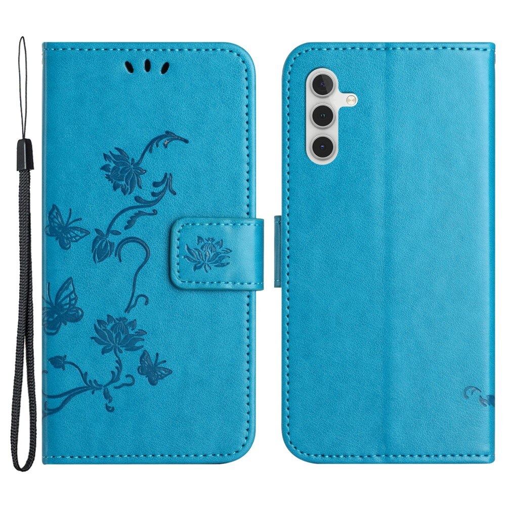 Étui en cuir à papillons pour Samsung Galaxy A24, bleu