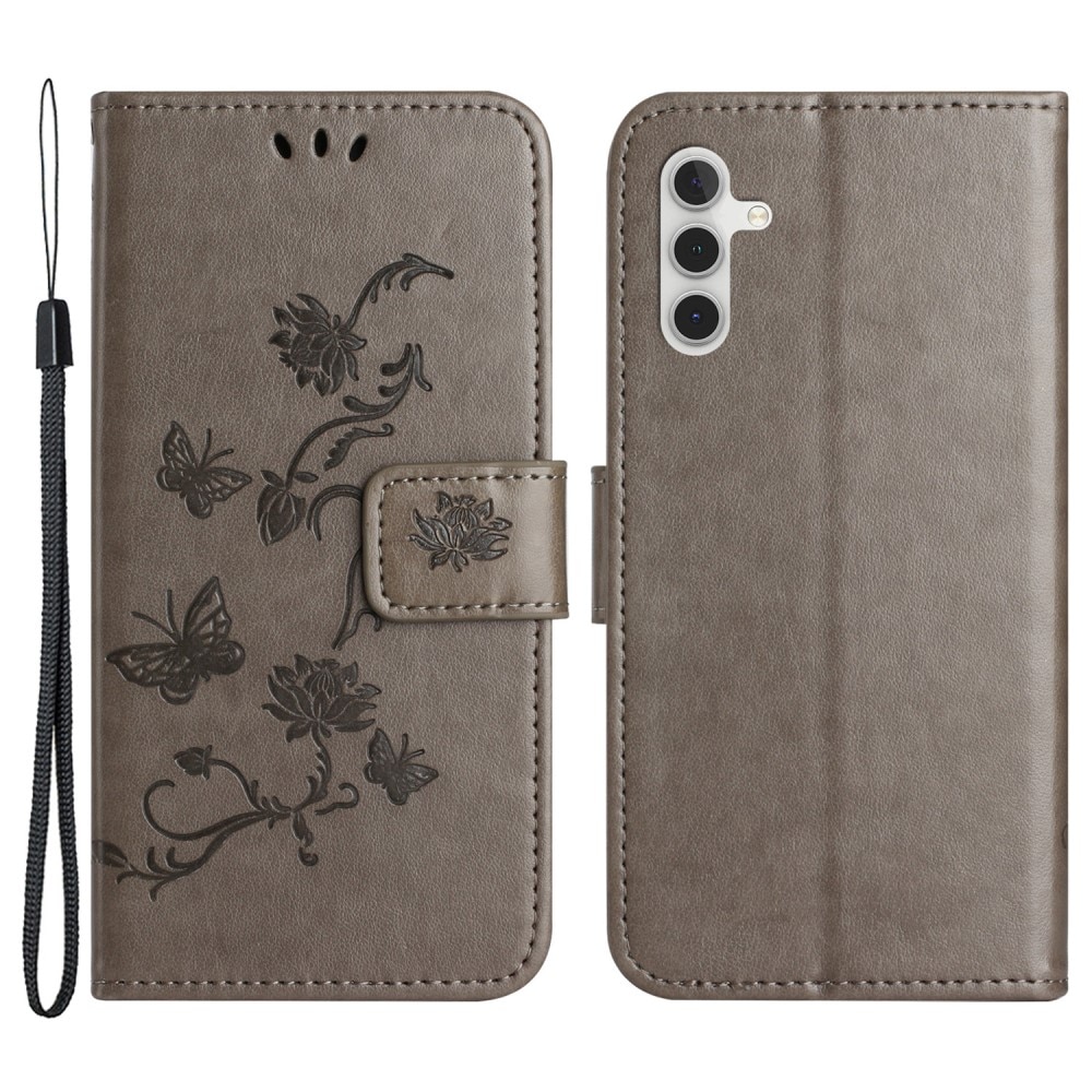 Étui en cuir à papillons pour Samsung Galaxy A24, Gris