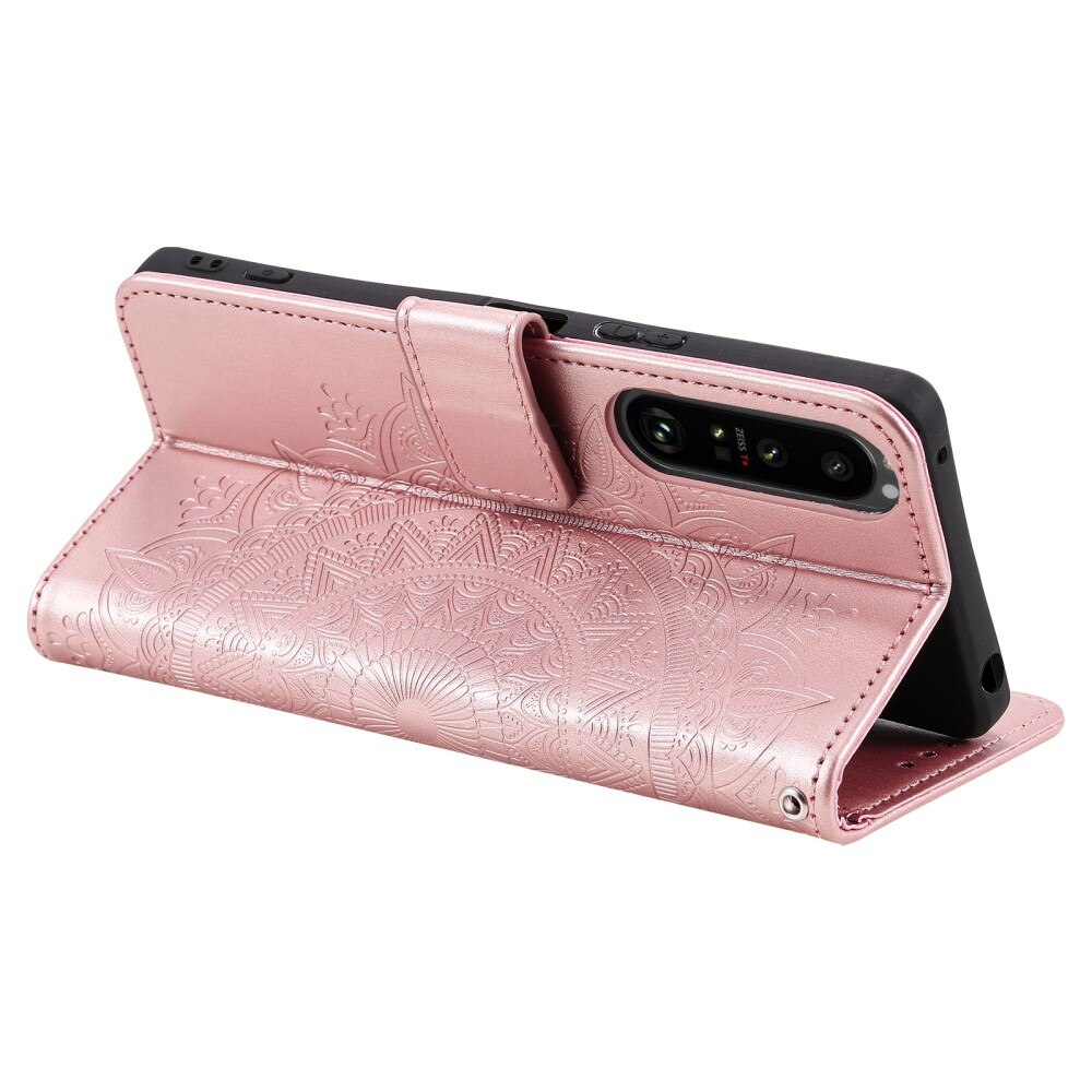 Étui en cuir Mandala Sony Xperia 1 V, or rose