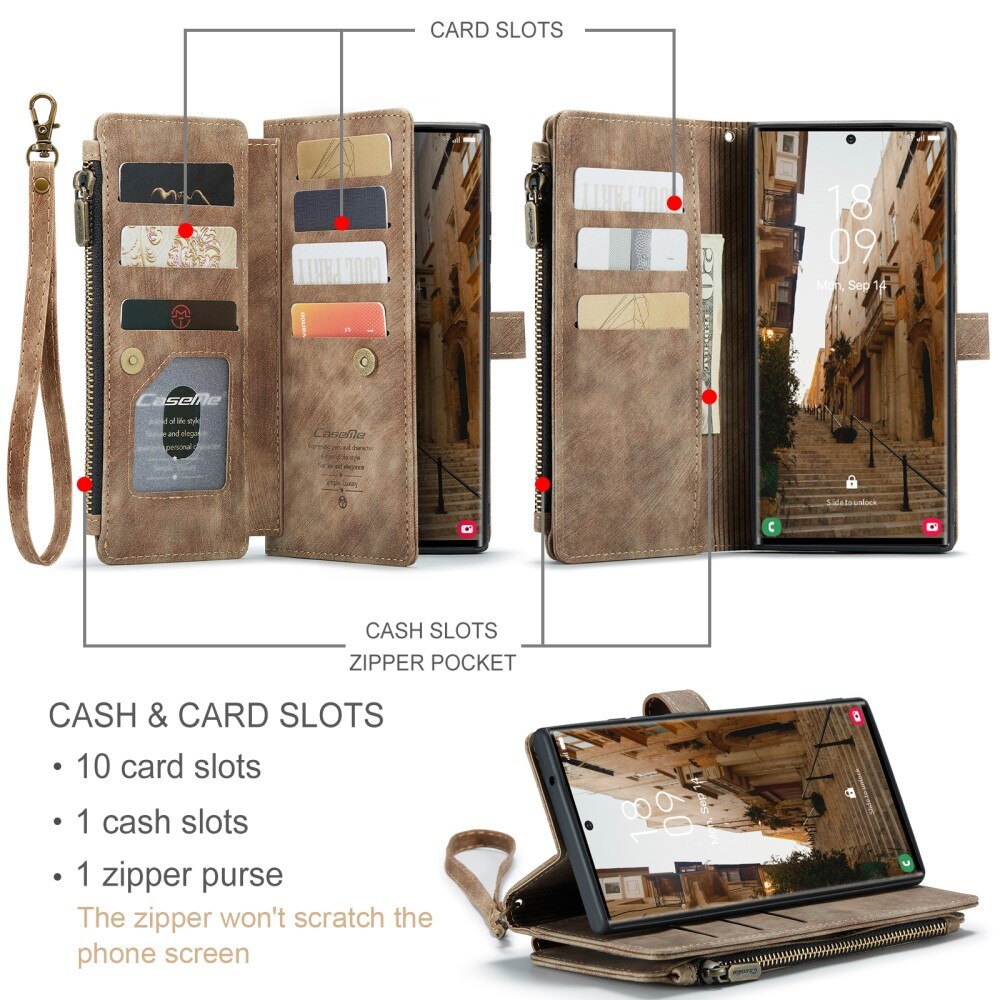 Étui portefeuille à glissière Samsung Galaxy S23 Ultra, Marron