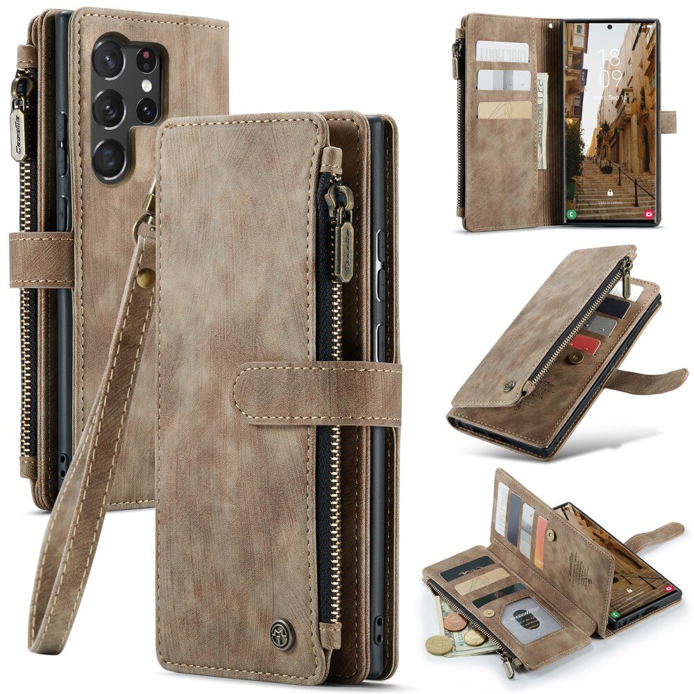 Étui portefeuille à glissière Samsung Galaxy S23 Ultra, Marron