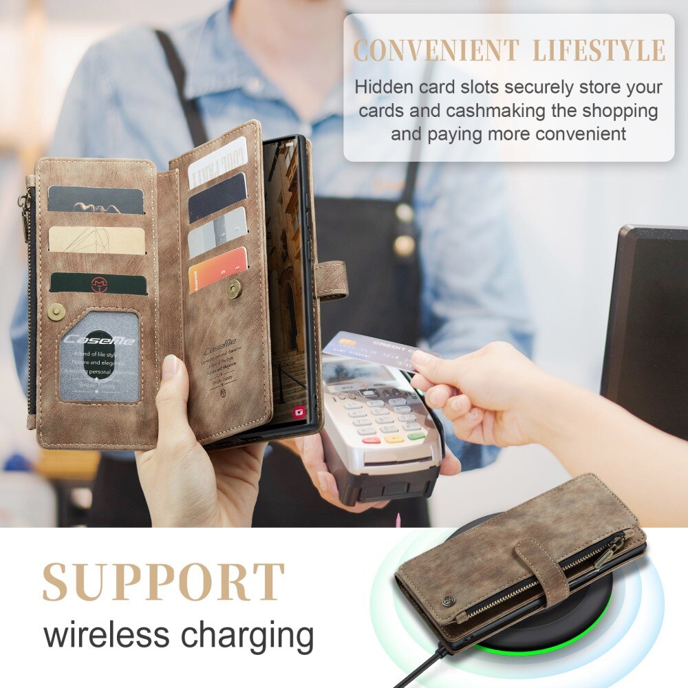 Étui portefeuille à glissière Samsung Galaxy S23 Ultra, Marron
