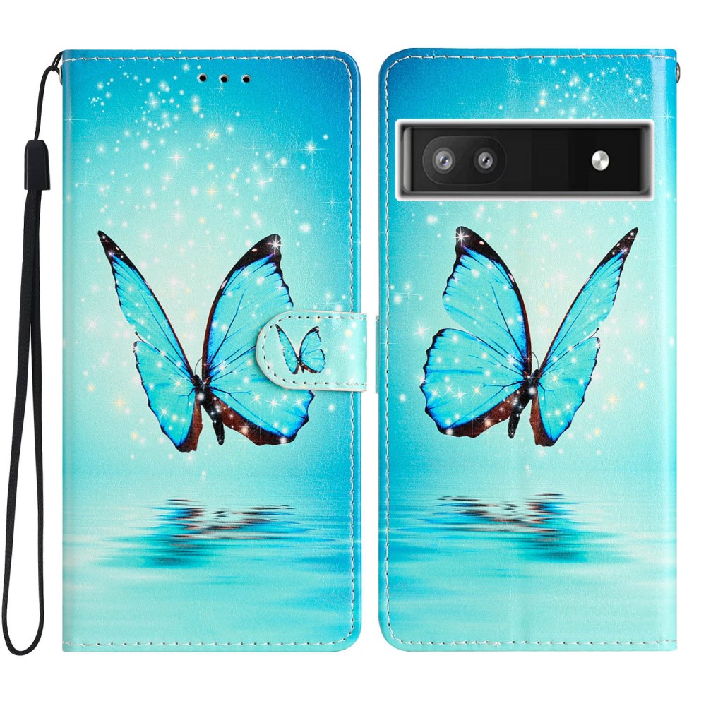 Coque portefeuille Google Pixel 6a, papillons bleus