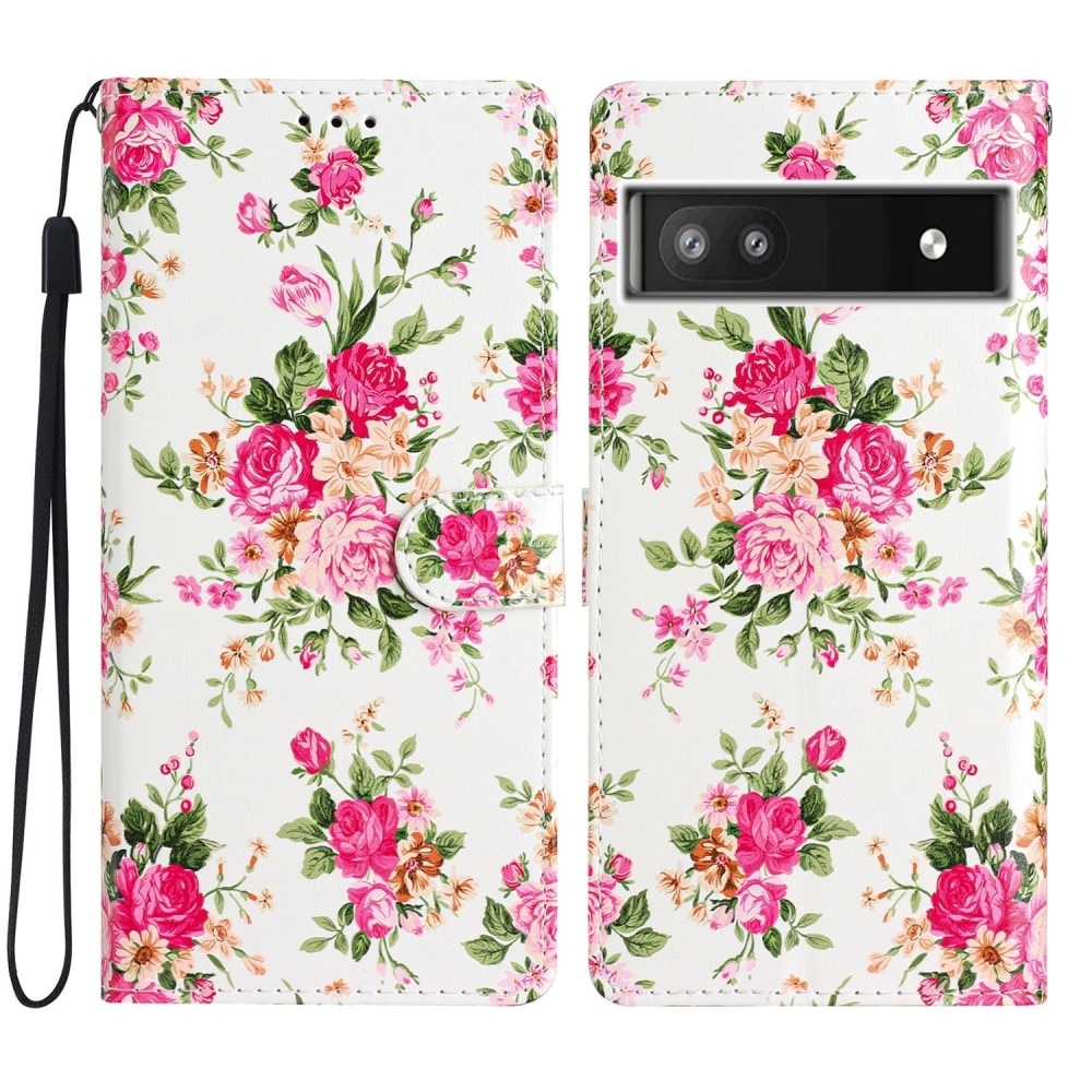 Coque portefeuille Google Pixel 6a, fleurs roses