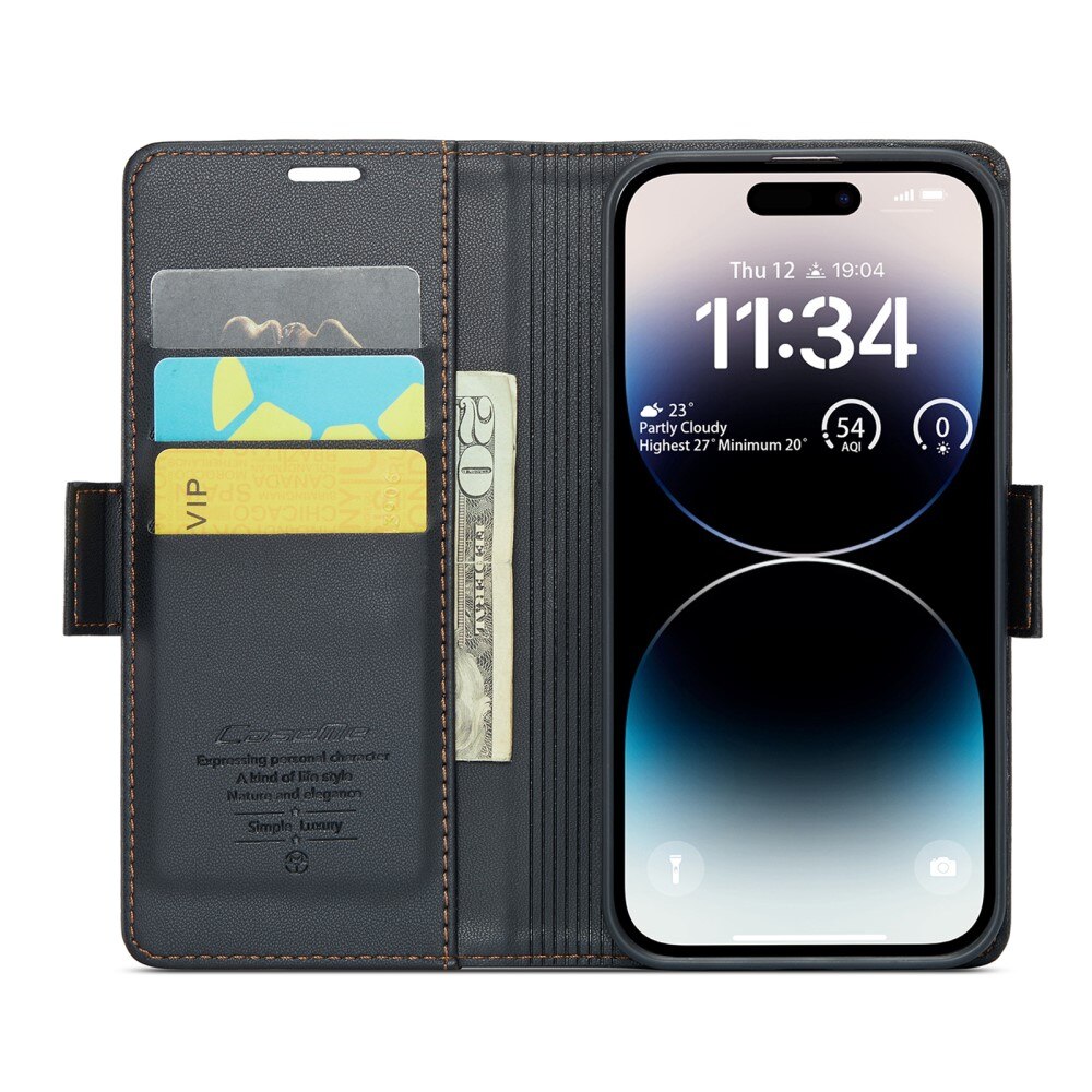 Étui portefeuille mince anti-RFID Apple iPhone 14 Pro, Noir