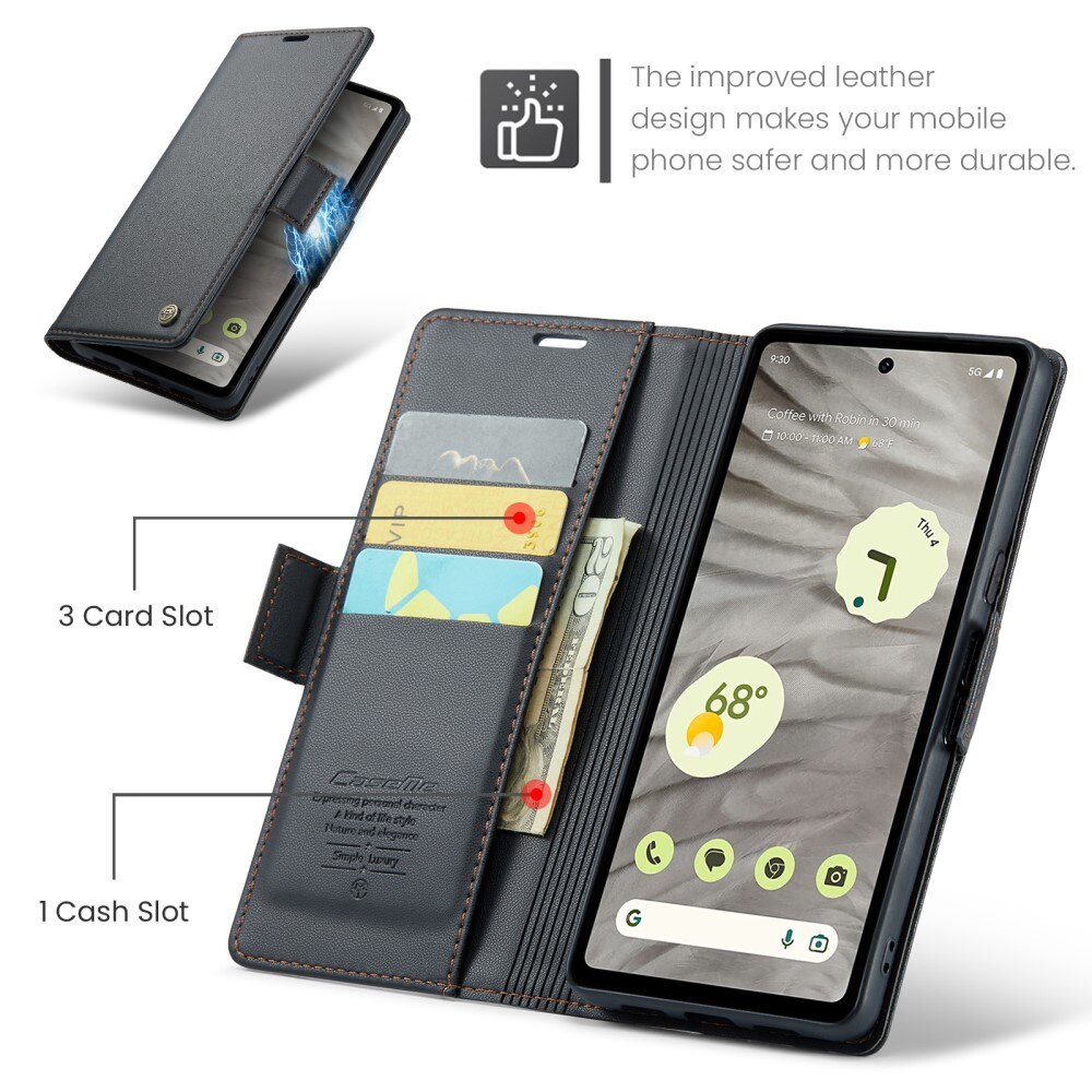 Étui portefeuille mince anti-RFID Google Pixel 7a, Noir