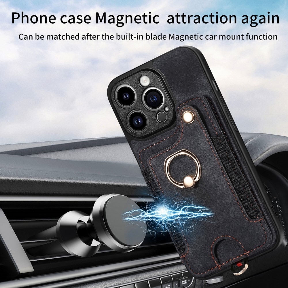 Coque porte-cartes anti-RFID + Finger Ring iPhone 13 Pro, noir