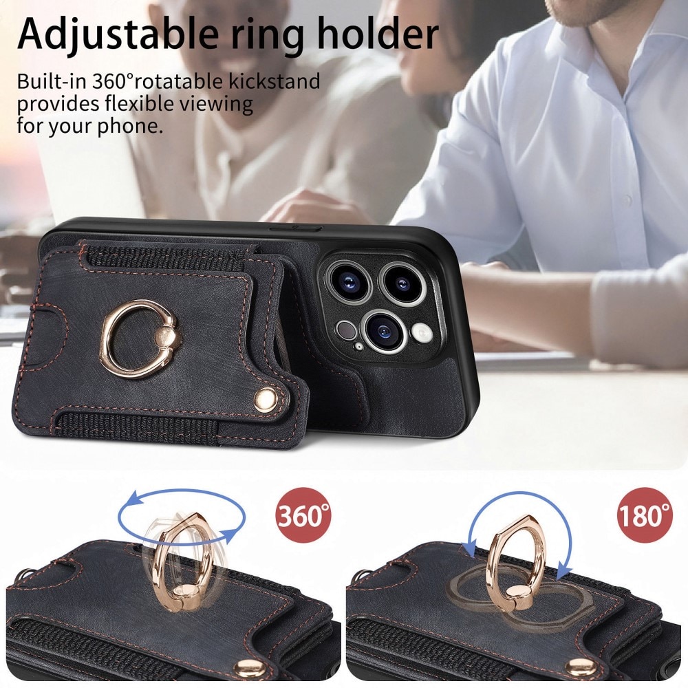 Coque porte-cartes anti-RFID + Finger Ring iPhone 13 Pro, noir