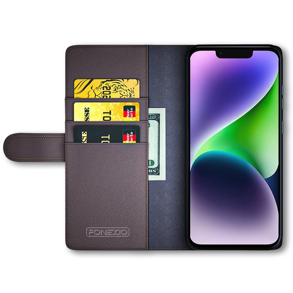 Étui en cuir veritable iPhone 15 Plus, Marron