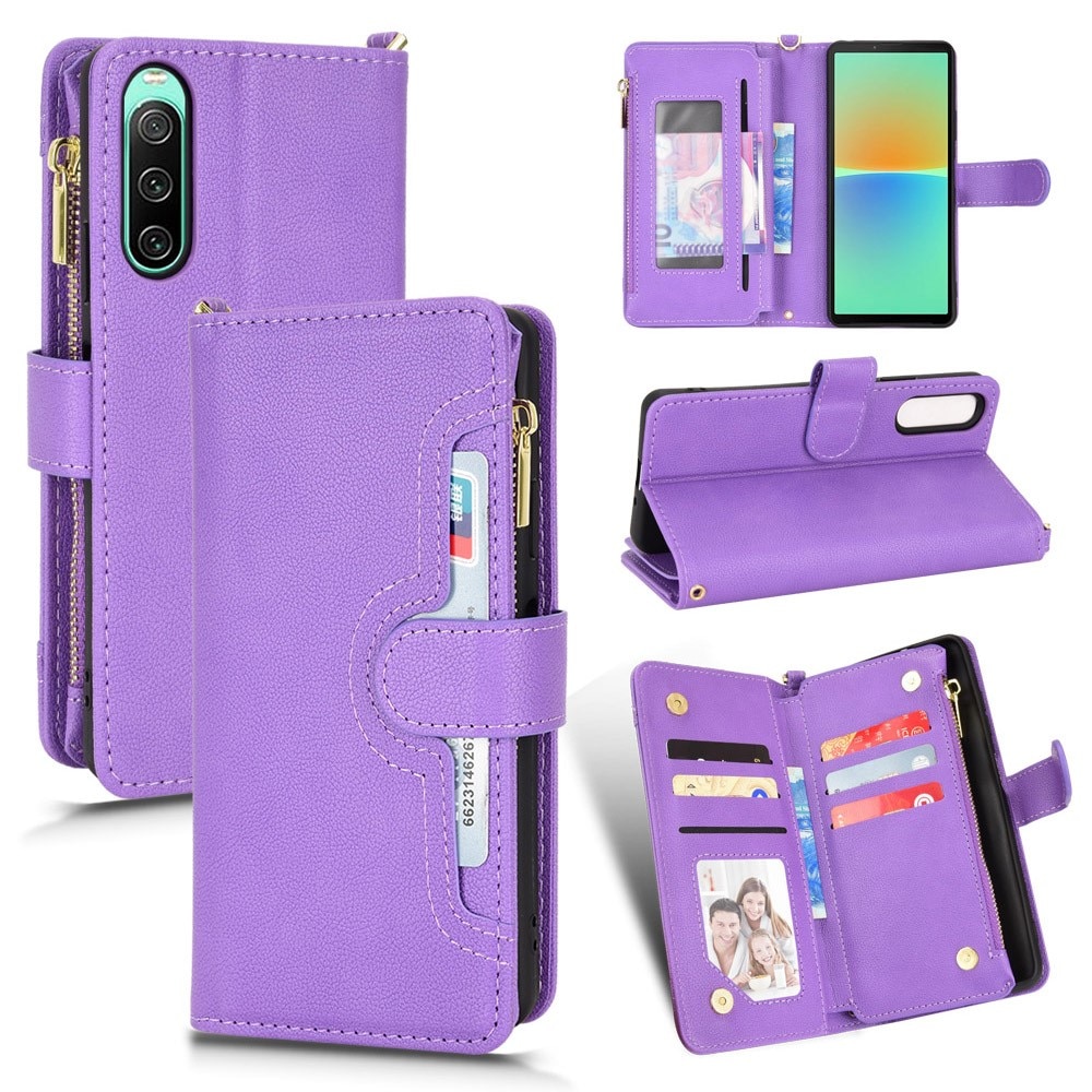 Zipper Portefeuille en cuir avec plusieurs fentes Sony Xperia 10 V, violet