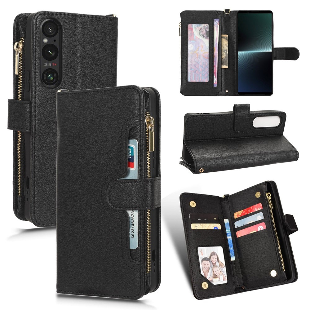 Zipper Portefeuille en cuir avec plusieurs fentes Sony Xperia 1 V, noir