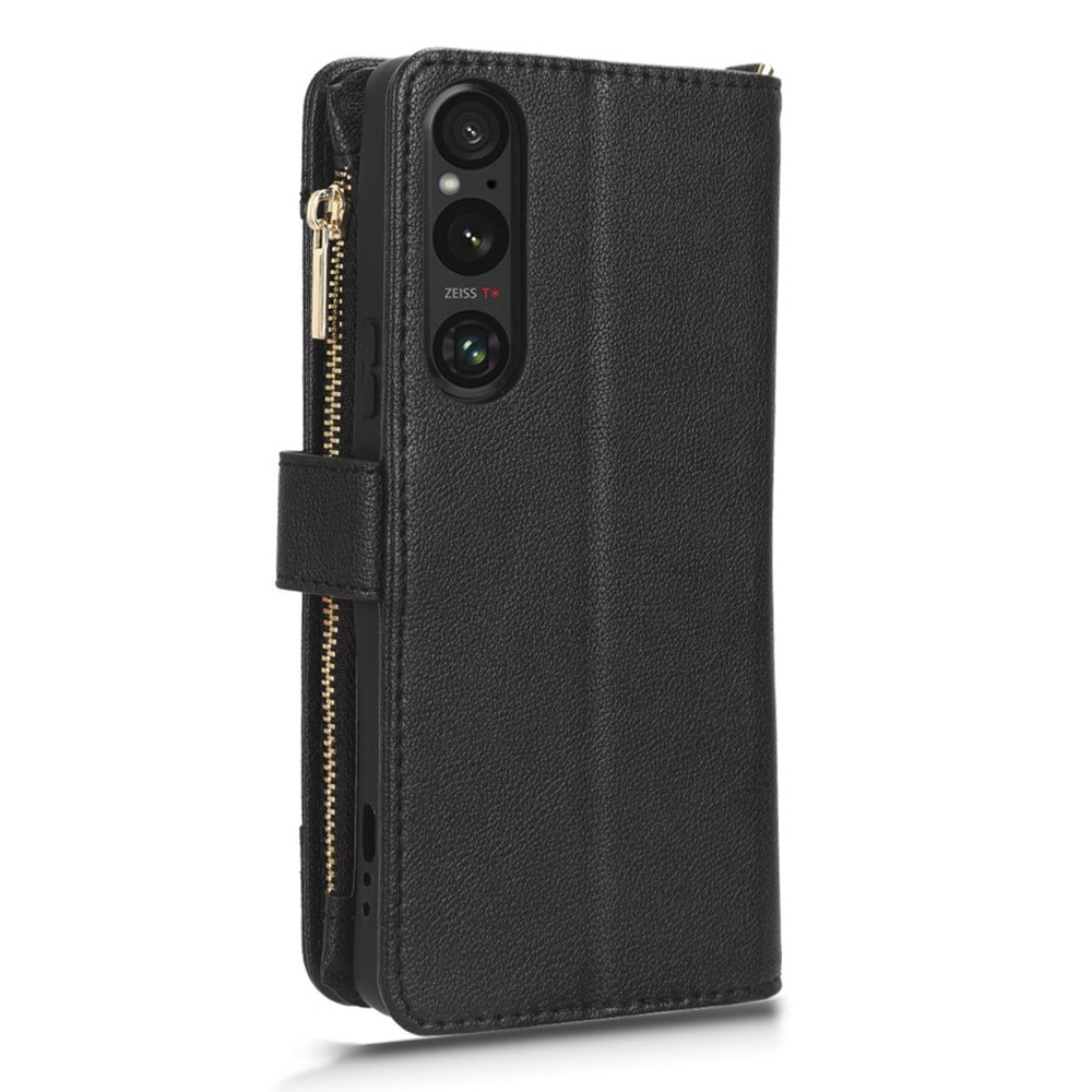 Zipper Portefeuille en cuir avec plusieurs fentes Sony Xperia 1 V, noir