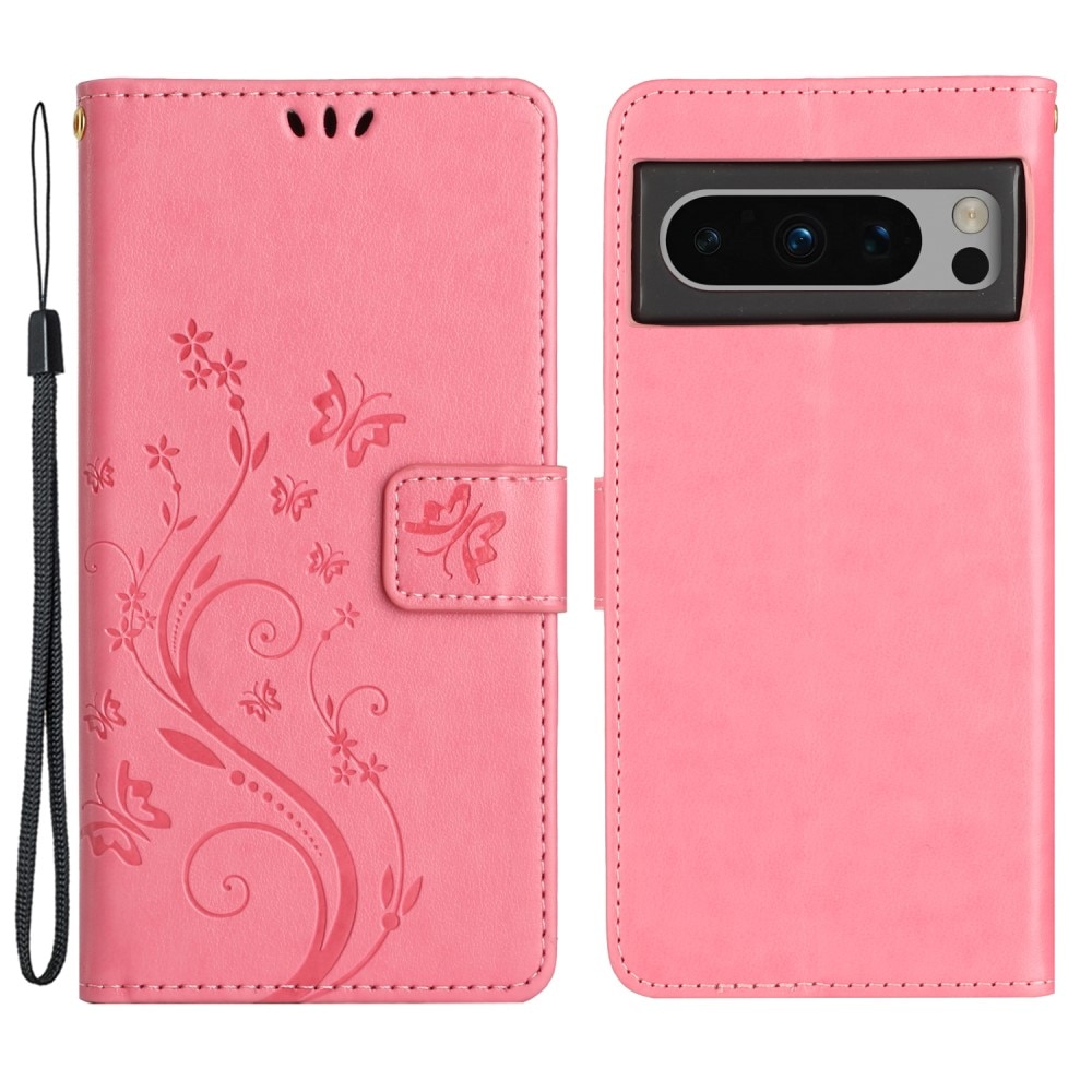 Étui en cuir à papillons pour Google Pixel 8 Pro, Rose