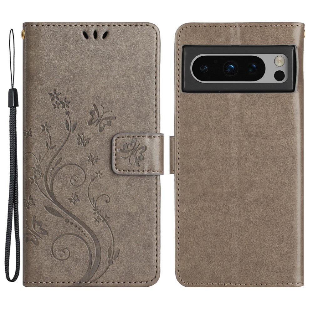 Étui en cuir à papillons pour Google Pixel 8 Pro, Gris