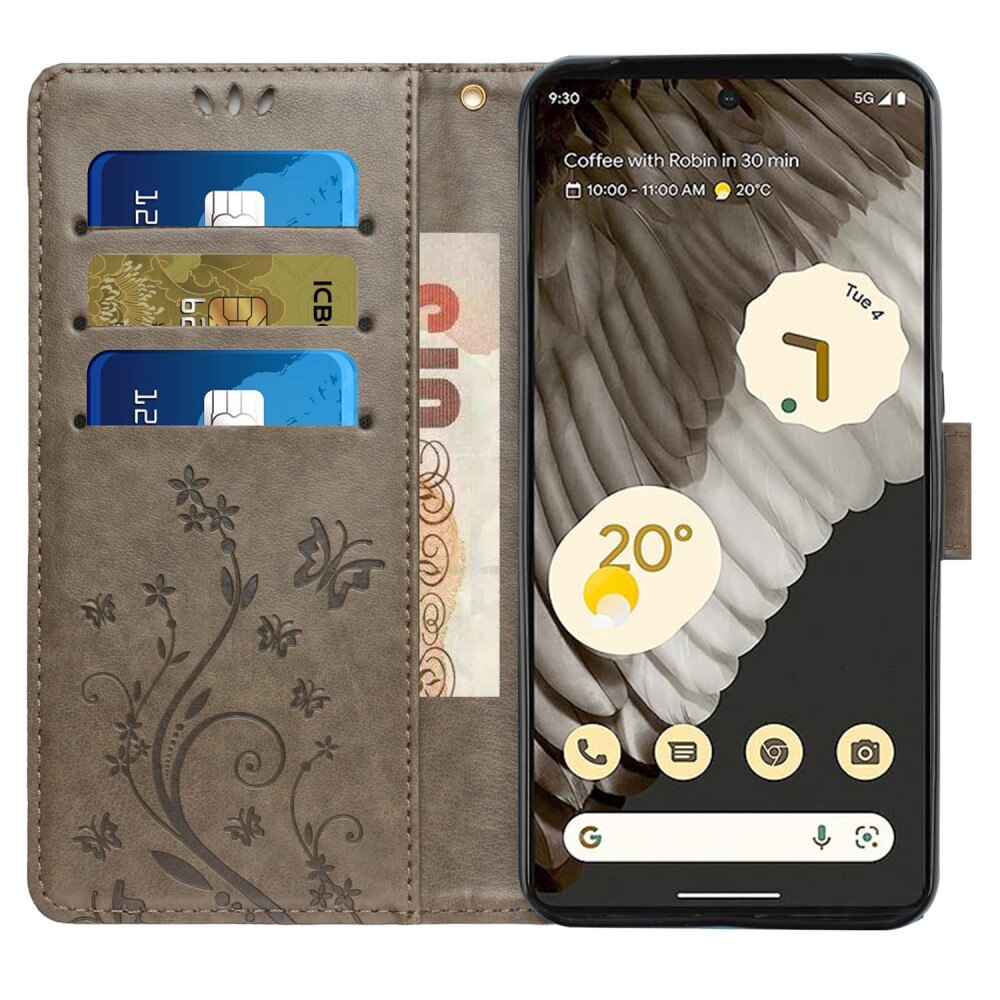 Étui en cuir à papillons pour Google Pixel 8 Pro, Gris