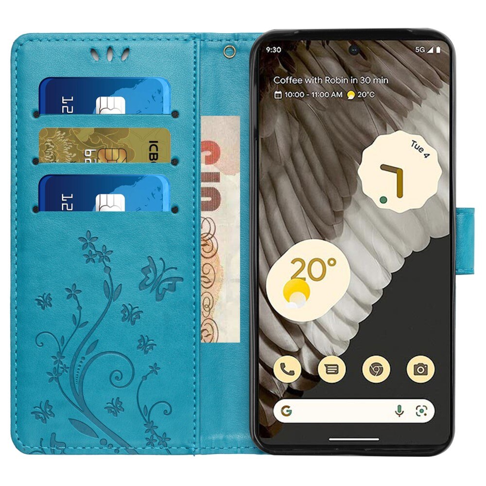 Étui en cuir à papillons pour Google Pixel 8 Pro, Bleu
