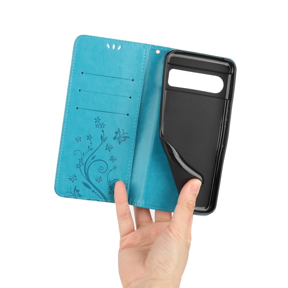 Étui en cuir à papillons pour Google Pixel 8 Pro, Bleu