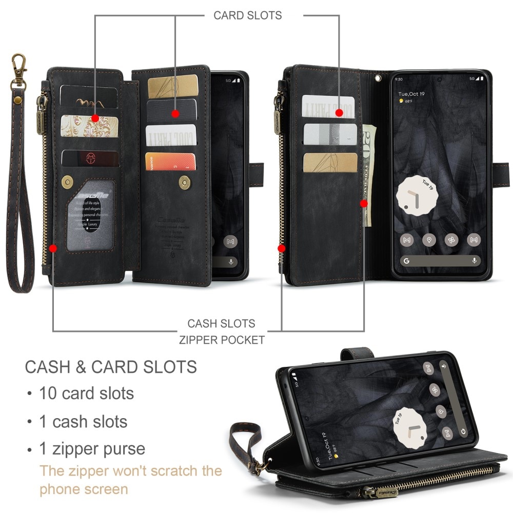 Étui portefeuille à glissière Google Pixel 8 Pro, Noir